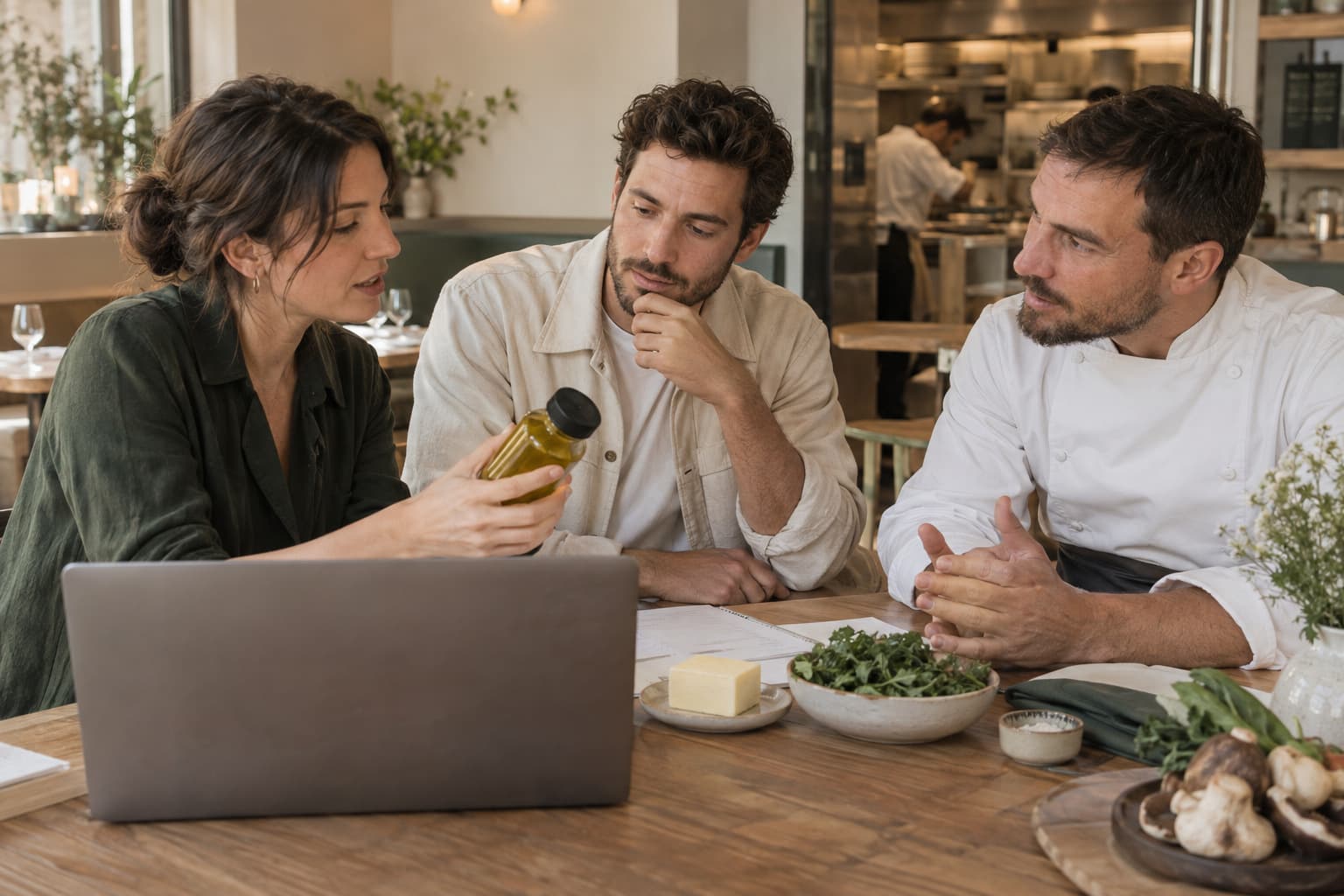Trois personnes échangent autour de produits dans un restaurant.