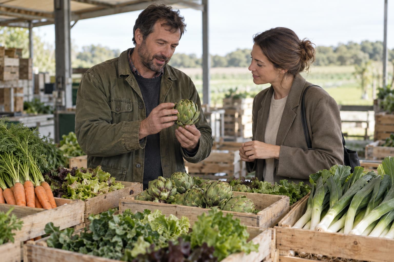 Échange autour d’un artichaut sur un étal de légumes.